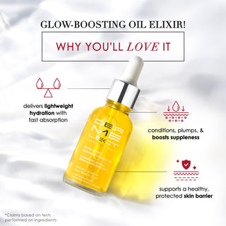 Yellow bottle of 'Dermelect' oil elixir with text highlighting its benefits on a white background.
