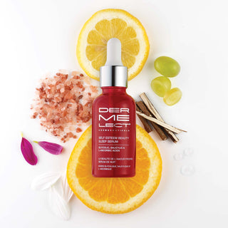 Red serum bottle with dropper on a white background with the ingredients.