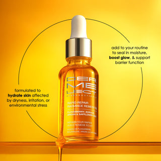 Skincare serum bottle with dropper on a yellow background, featuring Dermelect branding.