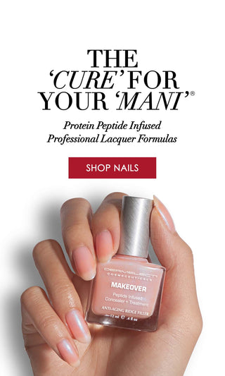 A hand holding a bottle of nail polish against a white background, with promotional text above reading 'THE CURE FOR YOUR MANI' and 'SHOP NAILS.' The nail polish appears to be a soft nude pink.