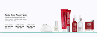Collection of skincare products on a white background with promotional text.